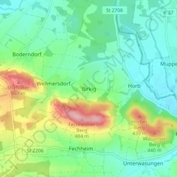 Topografische kaart Birkig, hoogte, reliëf