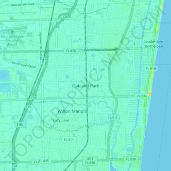 Topografische kaart Oakland Park, hoogte, reliëf