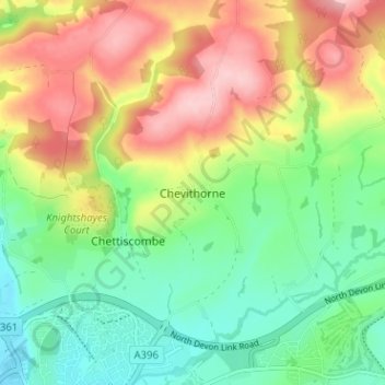 Topografische kaart Chevithorne, hoogte, reliëf