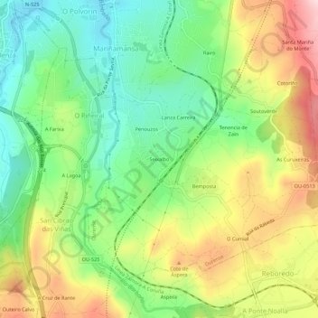 Topografische kaart Seixalbo, hoogte, reliëf