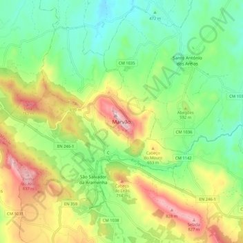 Topografische kaart Marvão, hoogte, reliëf