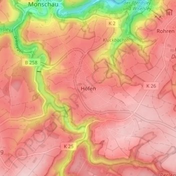 Topografische kaart Höfen, hoogte, reliëf