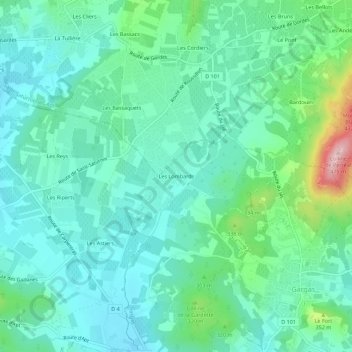 Topografische kaart Les Lombards, hoogte, reliëf