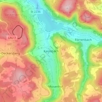 Topografische kaart Kainsbach, hoogte, reliëf
