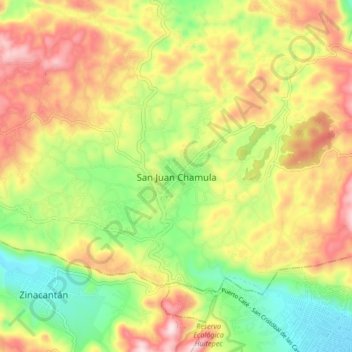 Topografische kaart San Juan Chamula, hoogte, reliëf