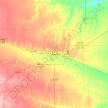 Topografische kaart Dodge City, hoogte, reliëf