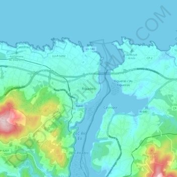 Topografische kaart Ribadeo, hoogte, reliëf