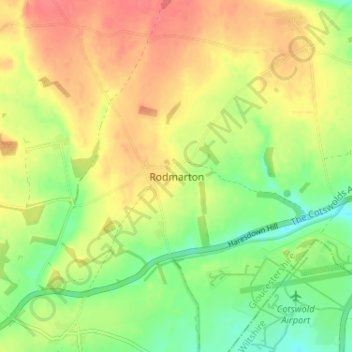Topografische kaart Rodmarton, hoogte, reliëf