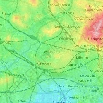 Topografische kaart Willesden, hoogte, reliëf