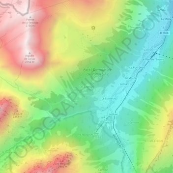 Topografische kaart Les Granges, hoogte, reliëf