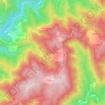 Topografische kaart Pousadas, hoogte, reliëf