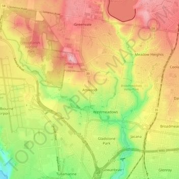 Topografische kaart Attwood, hoogte, reliëf