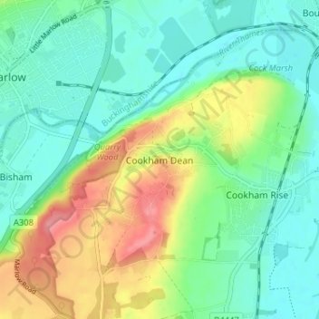Topografische kaart Cookham Dean, hoogte, reliëf