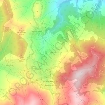 Topografische kaart Larderello, hoogte, reliëf