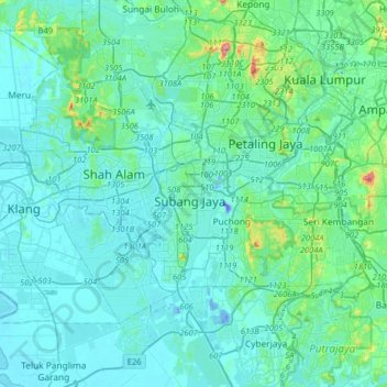 Topografische kaart Subang Jaya, hoogte, reliëf