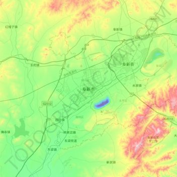 Topografische kaart Fuxin, hoogte, reliëf