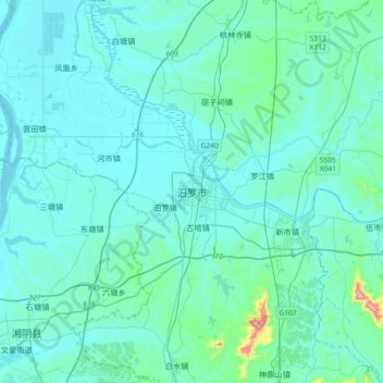 Topografische kaart Miluo, hoogte, reliëf