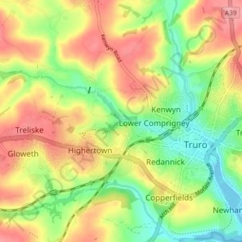 Topografische kaart Coosebean, hoogte, reliëf