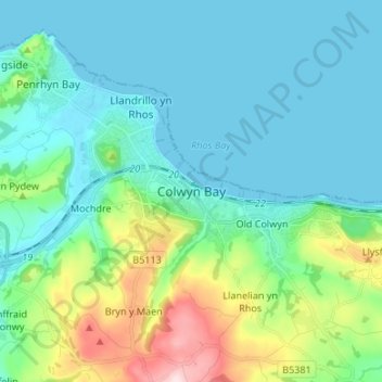Topografische kaart Colwyn Bay, hoogte, reliëf