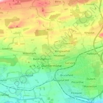 Topografische kaart Dunfermline, hoogte, reliëf