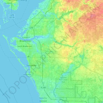 Topografische kaart Manatee County, hoogte, reliëf