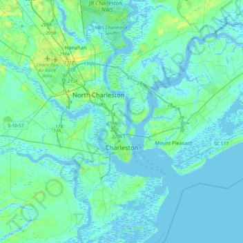 Topografische kaart Charleston, hoogte, reliëf