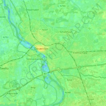 Topografische kaart Deventer, hoogte, reliëf