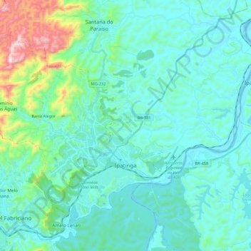 Topografische kaart Ipatinga, hoogte, reliëf
