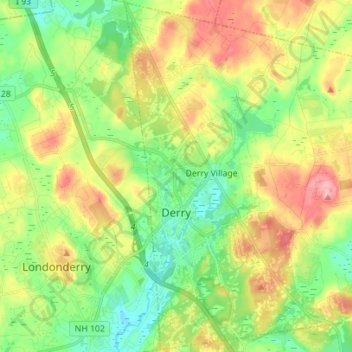 Topografische kaart Derry, hoogte, reliëf