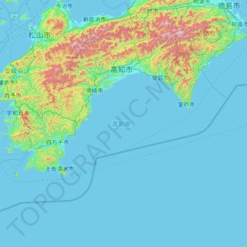 Topografische kaart Shikoku, hoogte, reliëf