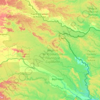 Topografische kaart Cuyabeno, hoogte, reliëf