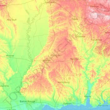 Topografische kaart Mississippi, hoogte, reliëf