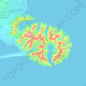 Topografische kaart Banks Peninsula Community, hoogte, reliëf