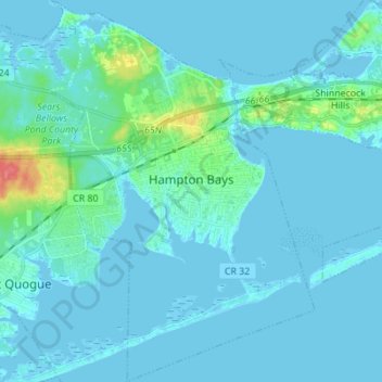 Topografische kaart Hampton Bays, hoogte, reliëf