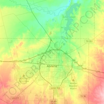 Topografische kaart Abilene, hoogte, reliëf