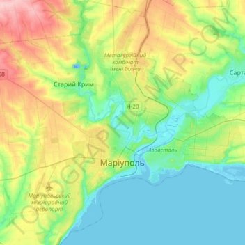 Topografische kaart Мариуполь, hoogte, reliëf