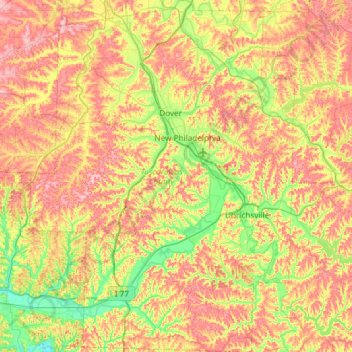 Topografische kaart Tuscarawas County, hoogte, reliëf