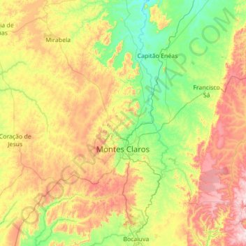 Topografische kaart Montes Claros, hoogte, reliëf