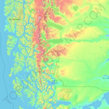 Topografische kaart Natales, hoogte, reliëf