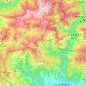 Topografische kaart les Valls de Valira, hoogte, reliëf