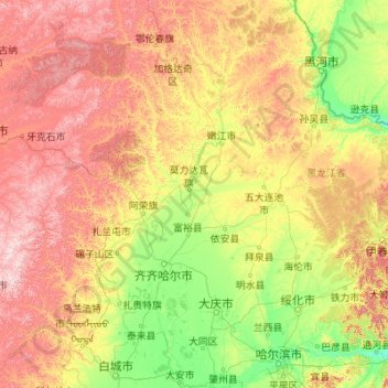 Topografische kaart 嫩江, hoogte, reliëf