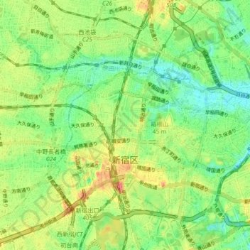 Topografische kaart Shinjuku, hoogte, reliëf