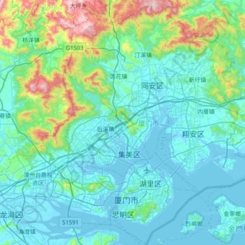 Topografische kaart 厦门市, hoogte, reliëf