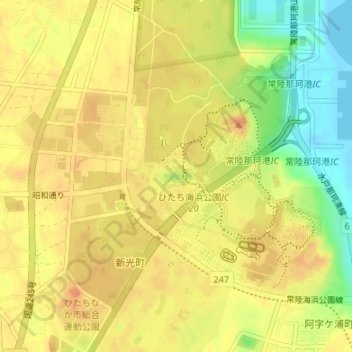 Topografische kaart Hitachi Seaside Park, hoogte, reliëf