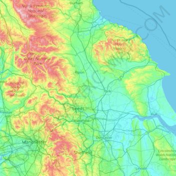 Topografische kaart Yorkshire, hoogte, reliëf