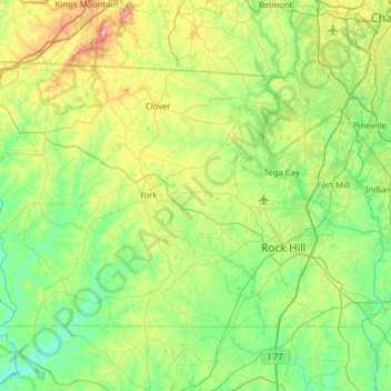 Topografische kaart York County, hoogte, reliëf