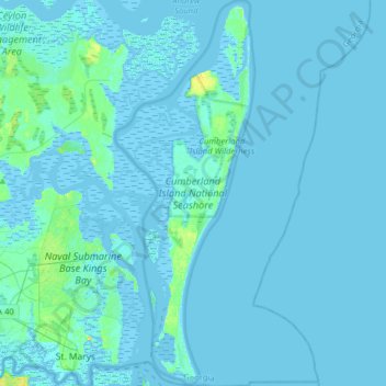 Topografische kaart Cumberland Island National Seashore, hoogte, reliëf