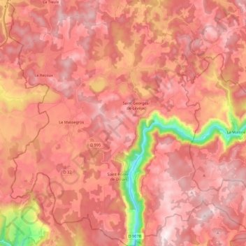 Topografische kaart Massegros Causses Gorges, hoogte, reliëf
