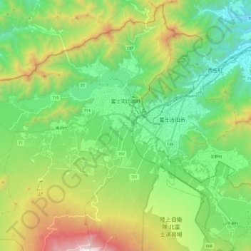 Topografische kaart Fujikawaguchiko, hoogte, reliëf