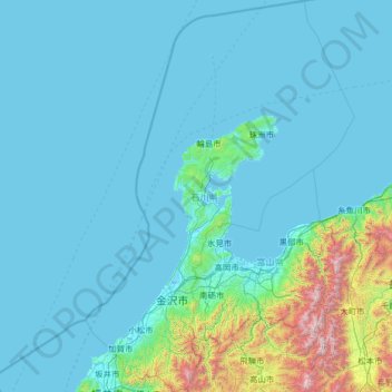 Topografische kaart Ishikawa Prefecture, hoogte, reliëf